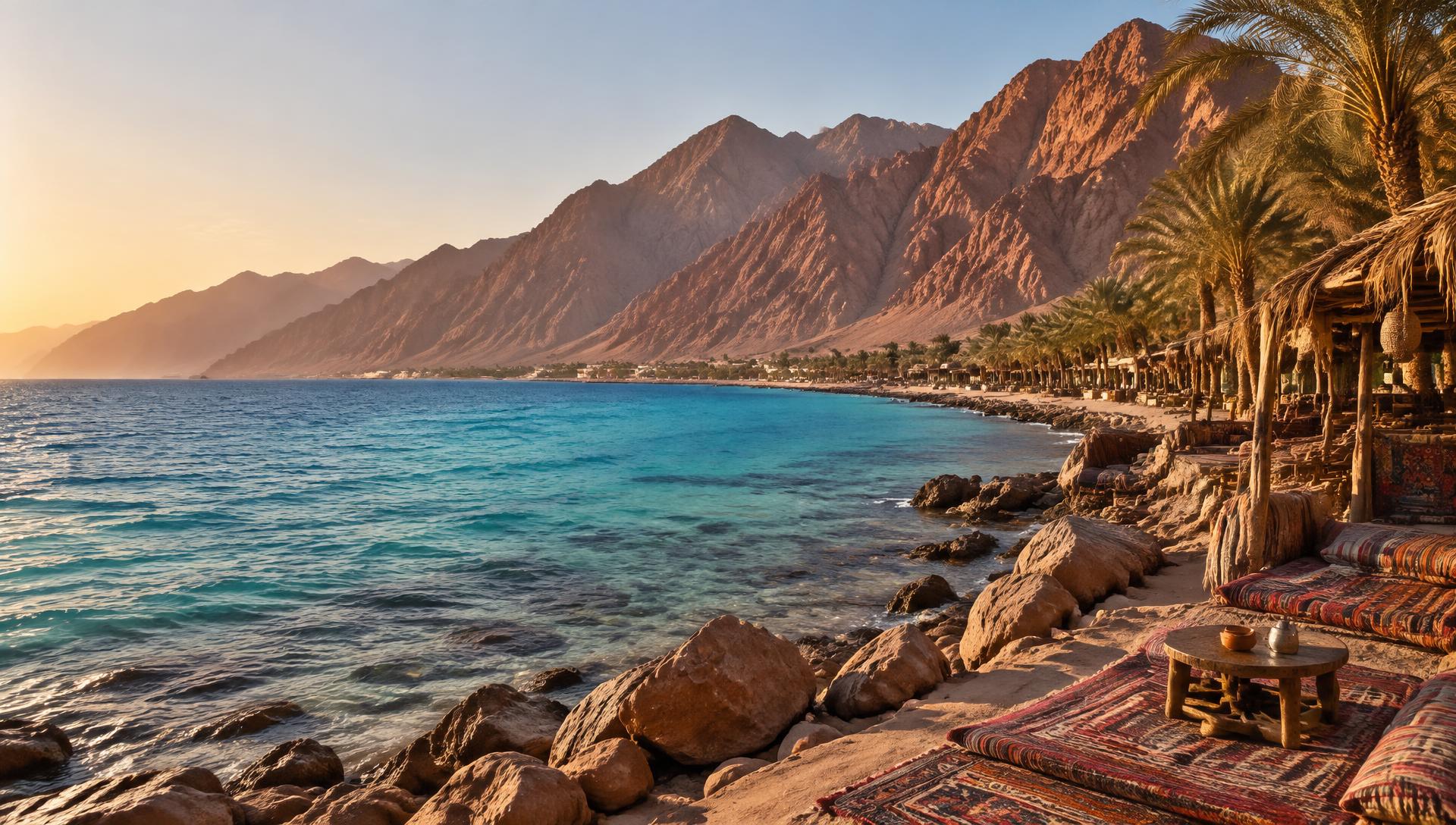 Turquoise Red Sea shoreline below the granite mountains of South Sinai